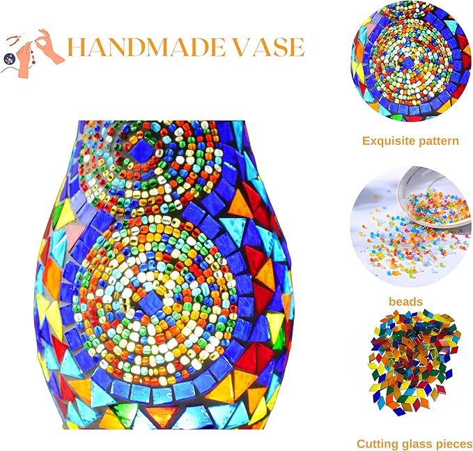 Mosaic Vase Lamp, Turkish Moroccan Table Lamp, Colorful Handmade Glass Vase, Water-Fillable, Vase, Decorative Lamp, Three-Color Light, Suitable for Bedroom Ambient Living Room Farmhouse