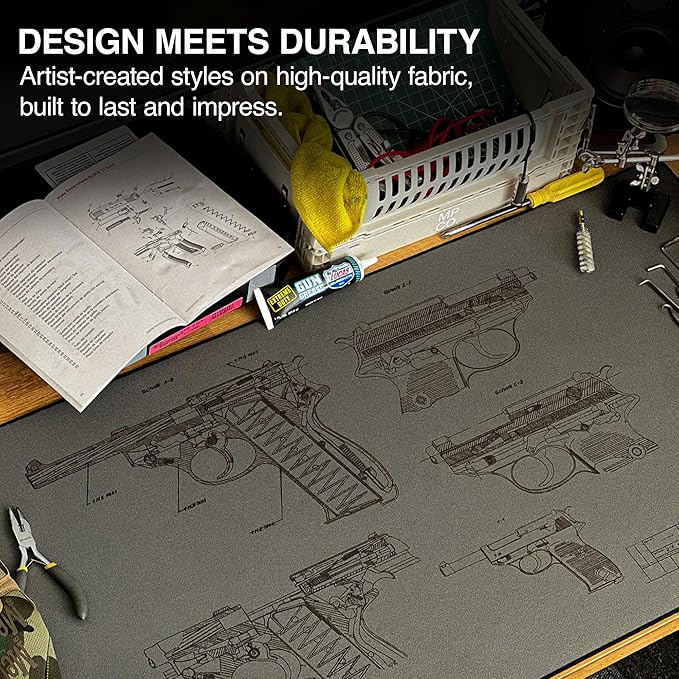 MPCO. Blueprints Large Gaming Desk Pad - 36" x 17" Duraglyde Fabric Pistol 38 – Green Desk Mats - Non-Slip, Washable, Smooth Glide for Precision Gaming & Work
