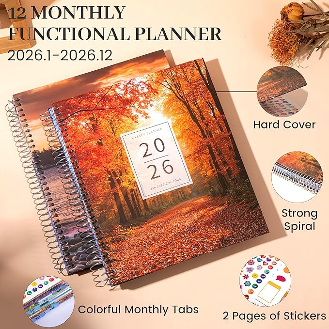CAGIE 2026 planner Weekly and Monthly Jan 2026-Dec 2026 Hardcover Hourly Daily Planners for Women 26 Calendar Planner with Stickers Spiral Bound Yearly Agenda, 8.5 x 11