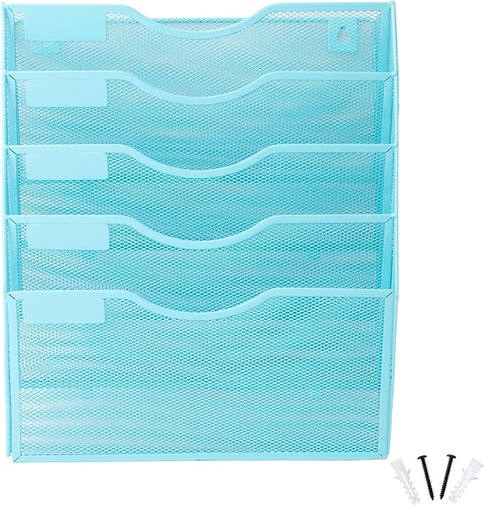 EASEPRES 5 Pocket Mesh Hanging Wall File Organizer, Wall Mounted Mail Paper Document Folder Holder, Clipboard Storage Organization Magazine Rack with Nametag Label for Office Home School, Blue