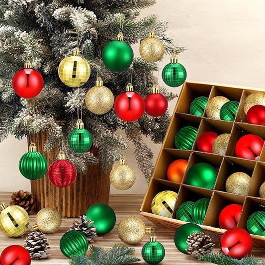 64 Pcs Christmas Ball Ornaments for Christmas Tree Glitter Red Gold Green Ball Ornament Hanging Christmas Decoration Assorted Size Christmas Ornament for Party Supplies, 1.6/1.97/2.4 Inch