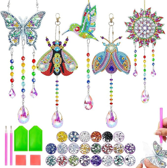 5Pcs Diamond art Kits for Kids/Adults, Crafts for Kids Ages 8-12, DIY Diamond Painting art Wind Chimes Crystal Window Suncatcher Craft, Birthday Gifts for 7 8 9 10 11 Year Old Girls, Home Garden Decor
