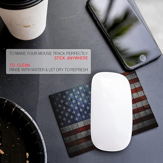 Adhesive Mouse Pad - Peel and Sticks to Any Surface - Travel Mouse Pad, Sticky for Any Surface - Excellent Tracking - USA Flag Wooden