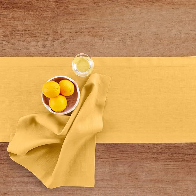 Solino Home Linen Table Runner 120 Inches Long - 100% Pure Linen Mustard Yellow Table Runner 14 x 120 Inch for Thanksgiving - Fete