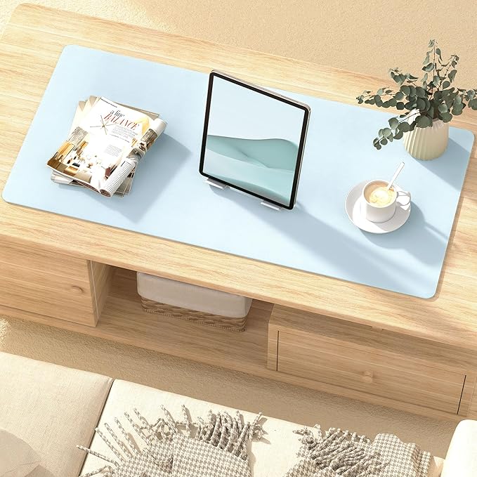 Mouse Pad Desk Protector Mat, Large PU Leather Office Desk Mat, Non-slip Desk Pad for Keyboard and Mouse, Waterproof Desk Blotter Pad for Writing, Wide & Smooth Laptop Desk Pads, Baby Blue (17’’X36’’)