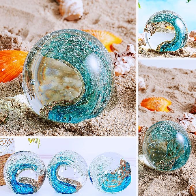 EUSTUMA Hand Blown Glass Figurines Ball Ocean Waves,Office Paperweight Glass for Desk,Home Decor Collectible,Aquarium Decor,Office Decor Ocean Lovers (Waves)