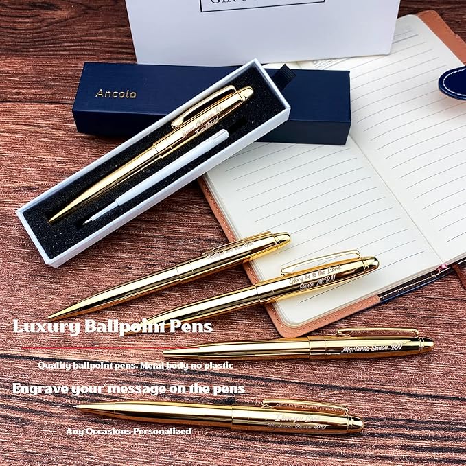 Ancolo Personalized Retractable Ballpoint Pens Stainless Steel Fancy Pens Engraved with Your Name Logo or Message, Phone Number Black ink Perfect for Bank, Office, Hotel 5 Pcs/Pack