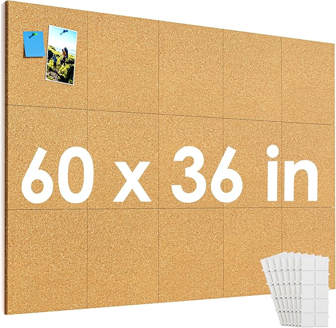 MaxGear Large Cork Board for Wall 60" x 36", 15 Pack Cork Board Tiles with 40 Pushpins & Safe Removable Adhesive Tabs, 12" x 12" Corkboards for Office, School, Home