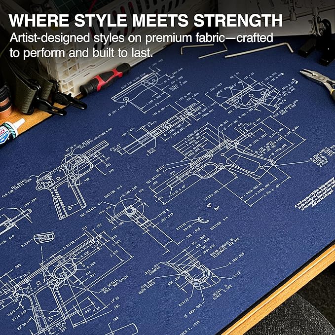 MPCO. Blueprints Large Gaming Desk Pad - 36" x 17" Aeroglyde Fabric Browning 1911 – Black Desk Mats - Non-Slip, Washable, Smooth Glide for Precision Gaming & Work
