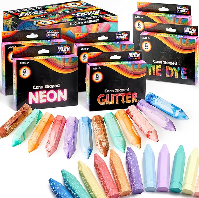 JOYIN 36 PCS Washable Sidewalk Chalks Set in 6 Packs, 18 Colors, Including 12 Tie Dye, 12 Glitter & 12 Neon Color Outdoor Chalks for Painting, Drawing, Gifts for Kids