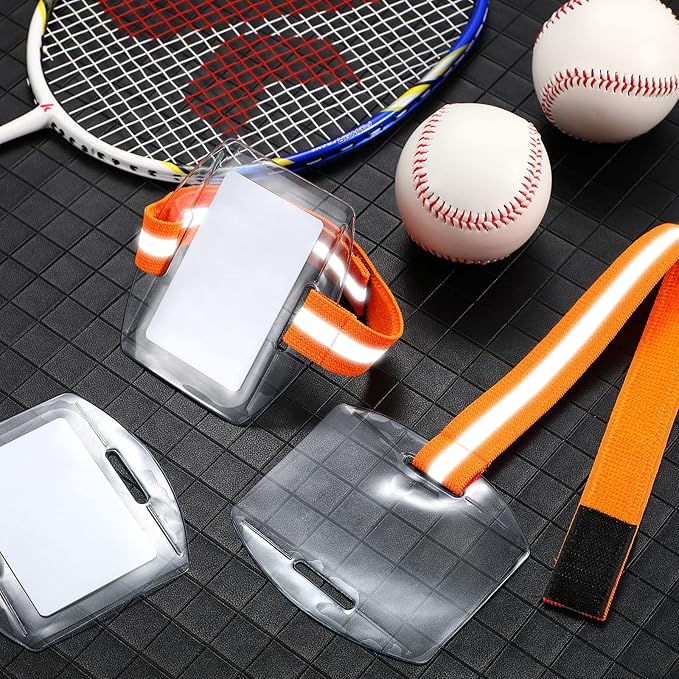 Meanplan 50 Pcs Arm Badge Holder Armband ID Badge Holder Bulk Visibility PVC with Adjustable Belt Elastic Armband Clear Name Tag for Work Pass, Postcards, Universal Size(Orange)