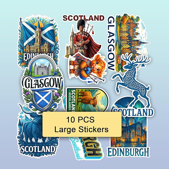 100 PCS Scotland Stickers Pack, Vinyl Waterproof Decals of Edinburgh Glasgow Highland Cow Castles and Scottish Symbols, Travel Souvenir Gift for Kids Teens Adults Scrapbook Laptop Water Bottle