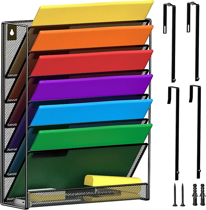 7-Tier Wall Hanging File Organizer Cubicle Hanging Organizer Mount File Holder, Mesh Magazine Document Mail Organizer Wall Organizer for Office School Home, Black