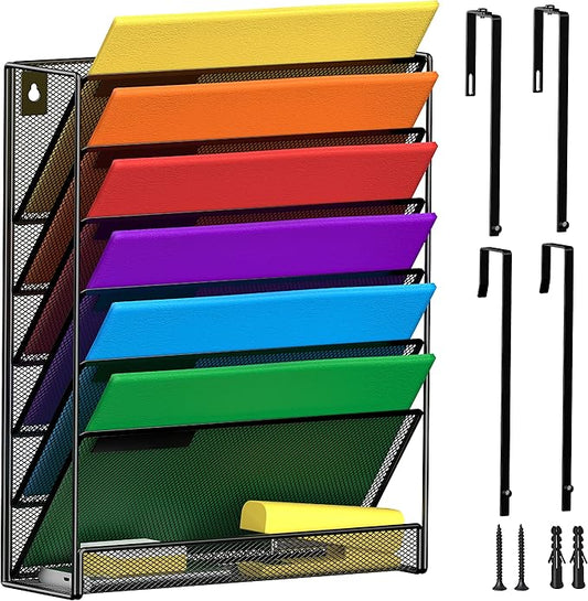 7-Tier Wall Hanging File Organizer Cubicle Hanging Organizer Mount File Holder, Mesh Magazine Document Mail Organizer Wall Organizer for Office School Home, Black