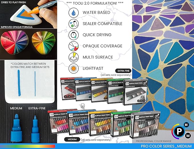 TOOLI-ART 22 Acrylic Paint Markers Paint Pens Pro Color Series Set 3mm Medium Tip for Rock Painting, Glass, Mugs, Wood, Metal, Glass Paint, Canvas, DIY. Non Toxic, Waterbased, Quick Drying (BLUES)