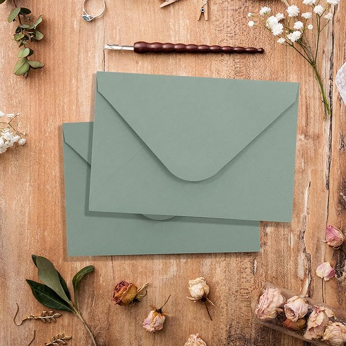 Sage Green Envelopes 4 x 6 Inch, 50 Pack, A4 Size Blank 4 1/4” X 6 1/4”, 120gsm V-flap Water Gummed Thick Paper Made for Invitations, Wedding, Birthday, Personalize Gift, Postcard Envelopes