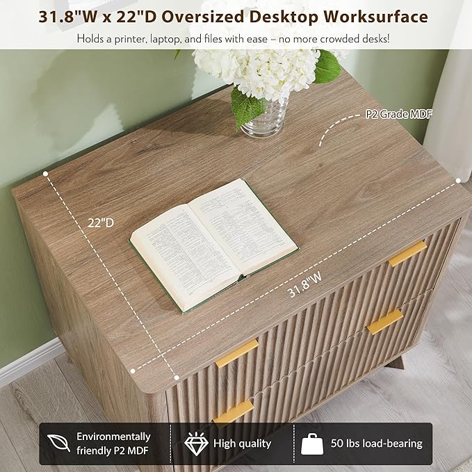 T4TREAM 2 Drawer File Cabinet, 31.8" W Fluted Lateral File Cabinet w/Files Hanging Rod for Letter/Legal/A4, Large Tabletop for Printer, Office Wood Printer Cabinets, Alder Grey (Gen 2)
