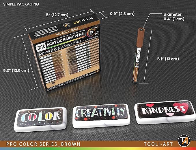 Acrylic Paint Pens 22 Brown Tones Assorted Pro Color Series Markers Set 0.7mm Extra Fine Tip for Rock Painting, Glass, Mugs, Wood, Metal, Canvas, Projects, Non Toxic, Waterbased, Quick Drying