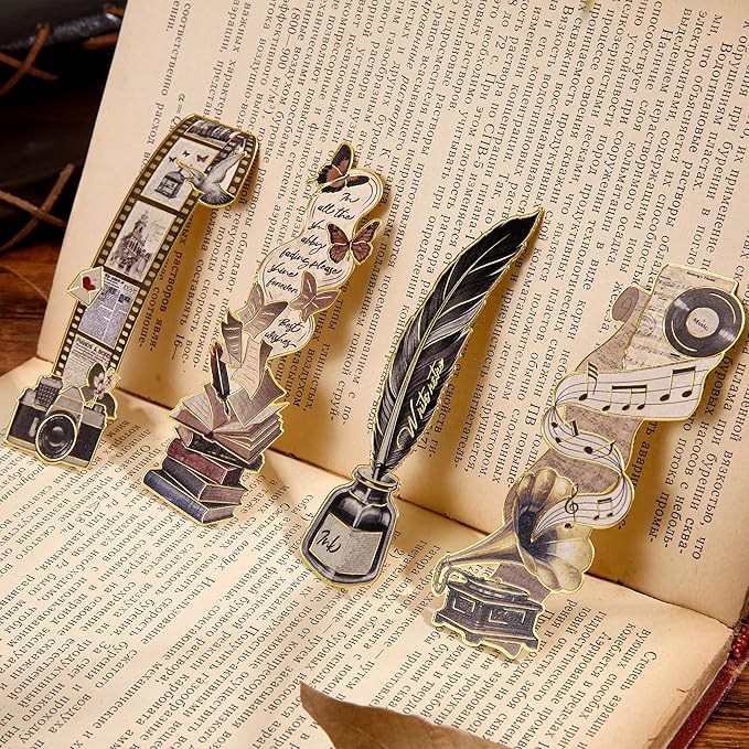 4pcs Vintage Bookmarks for Reading Women & Men, Unique Pretty Cute Metal Book Marks Kit Gifts for Book Lovers, Readers, Writers, Teens, Kids, Fantacy Cool Retro Page Markers Accessories for Bibles