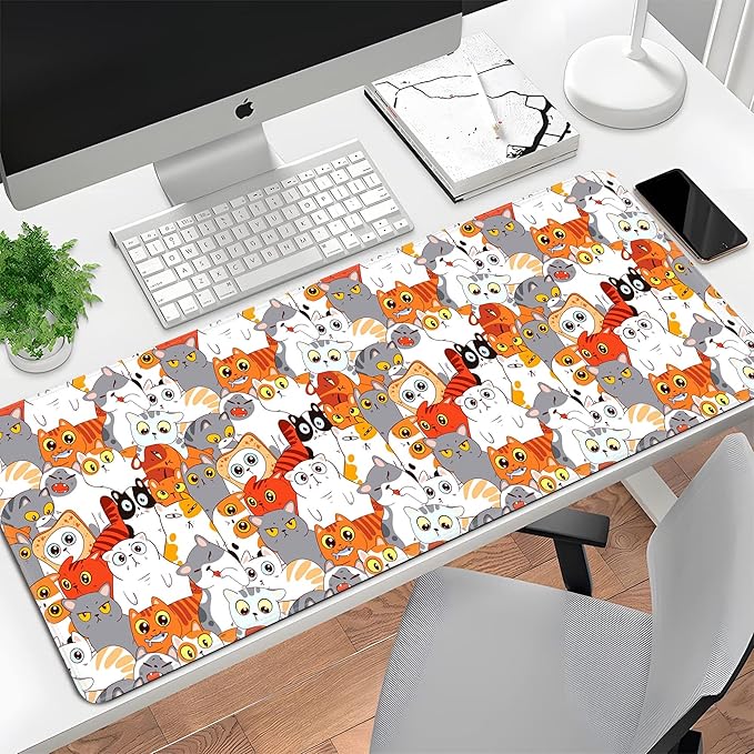 Cute Anime Cat Mouse Pad Large Desk Mat Extended Kawaii Keyboard Mouse Pad Mousepad with Non-Slip Base and Stitched Edge Funny Mouse Mat Desk Pad 31.5 X 11.8 in Mouse Pads for Desk Gaming Home Office