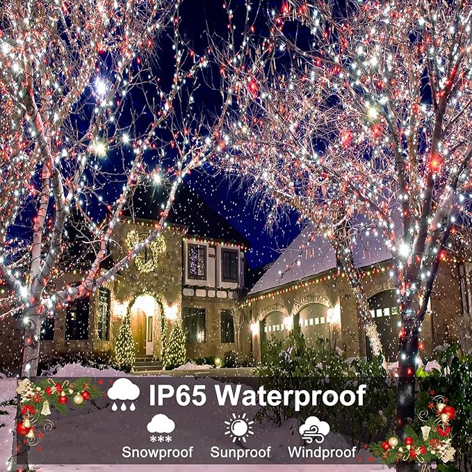 100FT 300 LED Christmas Lights Outdoor, Plug in Christmas Tree Lights with 8 Modes Waterproof, Green Wire Twinkle Tree Lights for Indoor Patio Garden Party Holiday Decorations, Red White