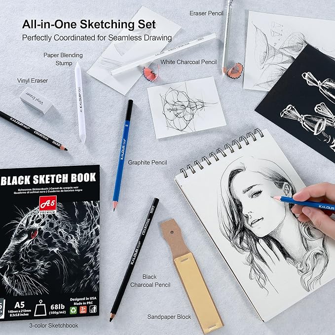 KALOUR 154PCS Artists Art Supplies - Drawing Kit with 6 Sketchbook,Tutorial,Coloring Paper - Graphite,Colored, Charcoal, Watercolor & Metallic Pencils - for Artists and Beginners