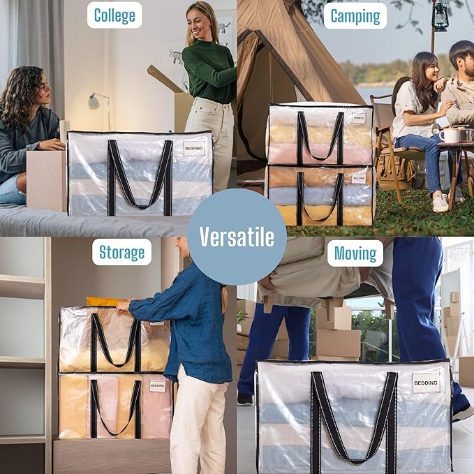 VENO 2 Pack Moving Bags, Moving Supplies, Moving Boxes, College Packing Storage Boxes with Lids Alternative, Heavy Duty Totes, Extra Large, Sturdy Handles, Zipper (Clear with Black Handles, 2 Pack)