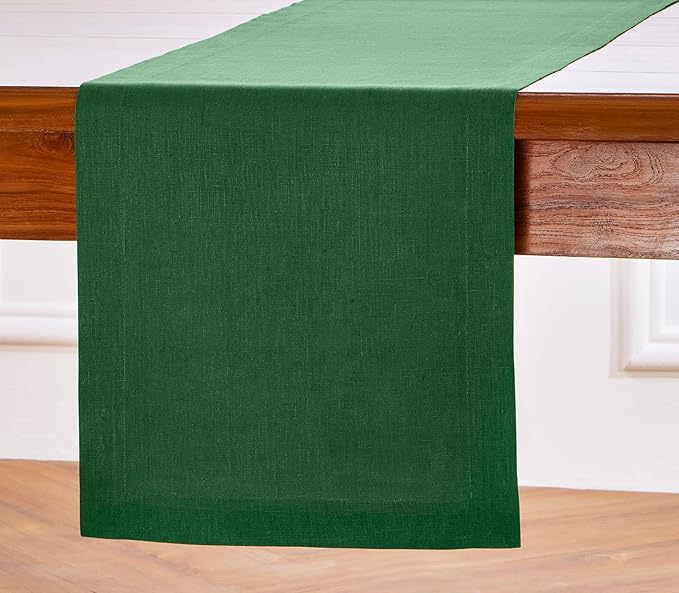 Solino Home Linen Pine Green Table Runner 120 Inches Long - 100% Pure Linen 14 x 120 Inch Table Runner for Fall, Autumn, Thanksgiving, Christmas - Fete