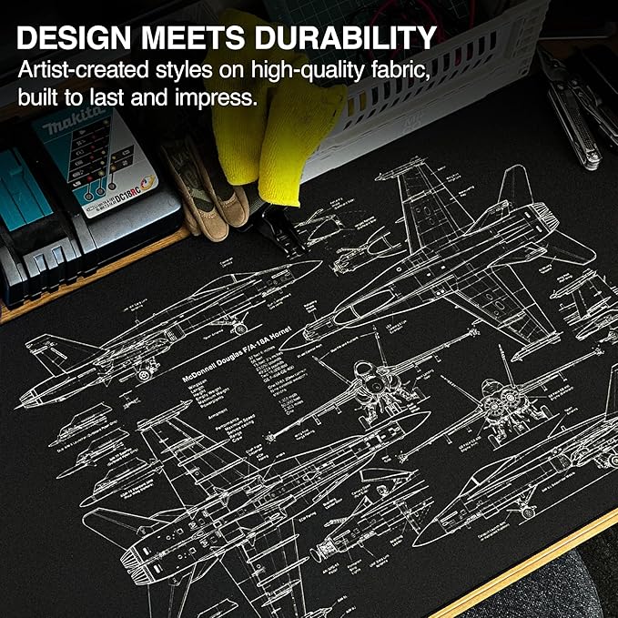 MPCO. Blueprints Large Gaming Desk Pad - 36" x 17" Aeroglyde Fabric 18A Hornets – Black Desk Mats - Non-Slip, Washable, Smooth Glide for Precision Gaming & Work