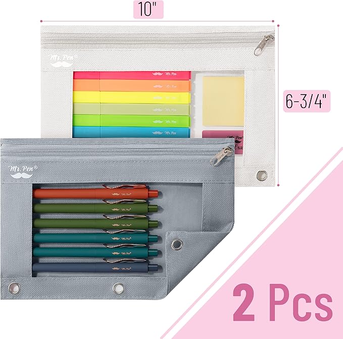 Mr. Pen- Pencil Pouch for 3 Ring Binder, 2 Pack, Grey and Beige, 3 Ring Binder Pencil Pouch