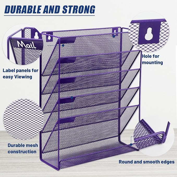 EASEPRES Desk File Organizer Mesh 6-Tier, Hanging Wall Mount Document Organization Stand, Desktop Vertical Mail Paper Folder Holder Rack with Bottom Tray for Office Home Cubicle Countertop, Purple