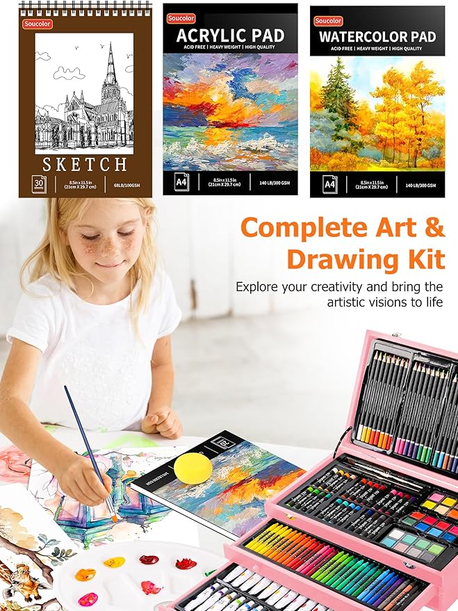 Christmas Gifts Birthday Gifts, Art Kits Art Sets, Aesthetic Cute Preppy Stuff Art Supplies, Soucolor 192-Pack Deluxe Drawing Stuff with Acrylic Pad, Watercolor Book and Sketch Book, Canvases, Brushes