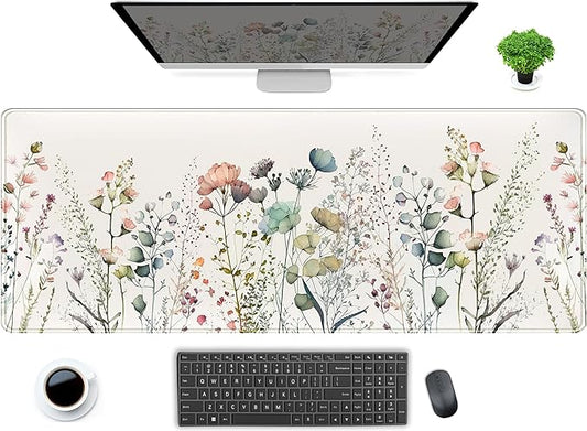 Cute Wild Flower Desk Mat, Boho Aesthetic XL Large Extended Gaming Mouse Pad Desk Pad with Stitched Edges 31.5x11.8 in, Computer Laptop Mousepad Keyboard and Mouse Mat for Women Office Desk Decor