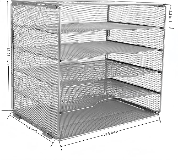 EasyPAG 5-Tier Mesh Desk File Organizer with Metal Frame, Screw-Free Assembly, Space Saving Letter Tray for Office/Home/School - A4 & Letter Size Paper Sorter, Silver