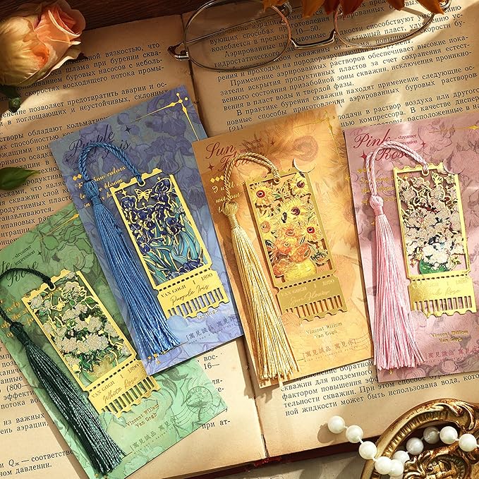 4 Pieces Metal Bookmarks with Tassel, Golden Hollow Bookmark Monet Oil Painting Theme Book Mark Bookmarks for Book Lovers Writers Readers Children Teens for Women Teen Adults