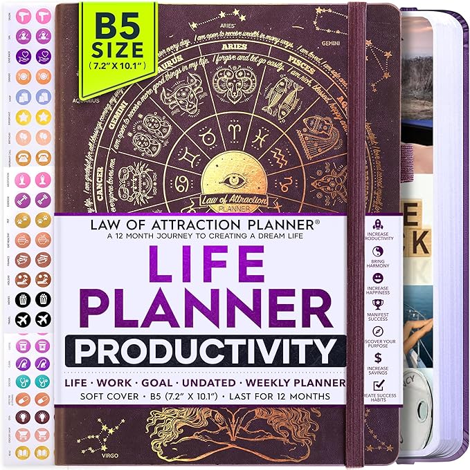 Law of Attraction Planner – Undated Hourly, Weekly & Monthly Goal Setting Planner, 12-Month to Increase Productivity | Life & Gratitude Journal, Include Foldable Vision Board, Gift Box & Stickers