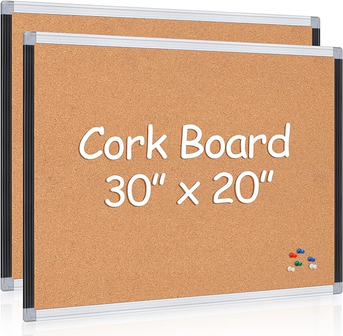 Board2by 2 Pack Cork Bulletin Board 20" x 30", Black/Silver Aluminium Framed Corkboard, Office Board for Wall Decor, Large Wall Mounted Notice Pin Board with 36 Push Pins for School, Home & Office