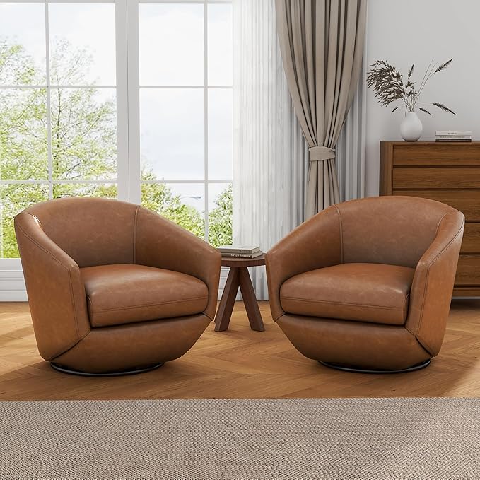 UIXE Faux Leather Swivel Accent Chairs Set of 2, Barrel Chair Upholstered Club Armchair for Living Room, Comfy Single Sofa Bedroom Side Reading Seat - Brown
