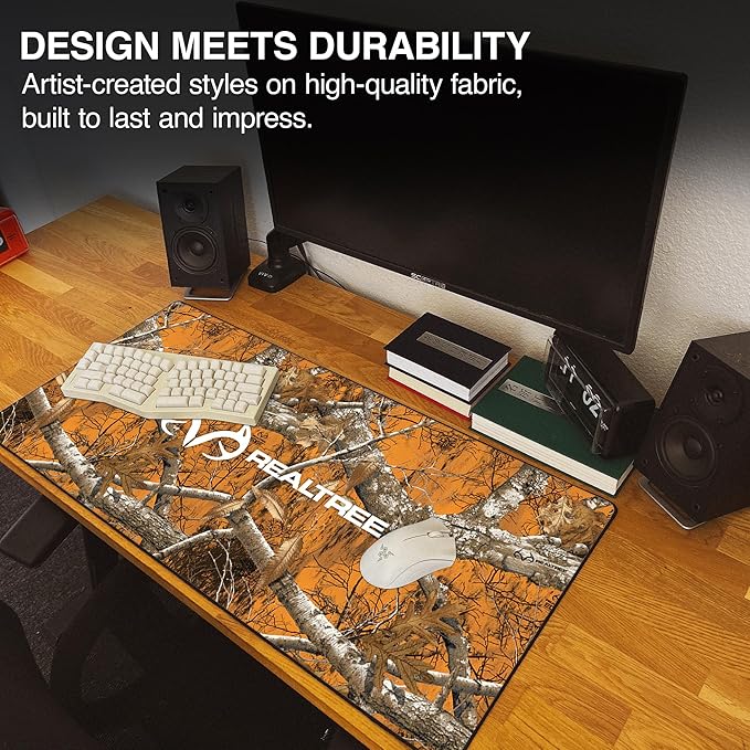 MPCO. Real Tree Large Gaming Desk Pad - 36" x 17" Duraglyde Fabric Edge Orange – with Logo Desk Mats - Non-Slip, Washable, Smooth Glide for Precision Gaming & Work