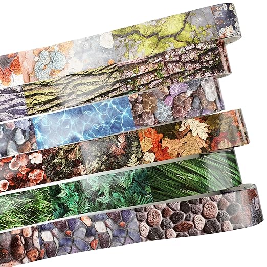 Nature-Inspired Washi Tape Set – 6 Decorative Rolls Featuring Realistic Plant, Pebble, Bark, Moss, and Water Designs for Journaling and Scrapbooking