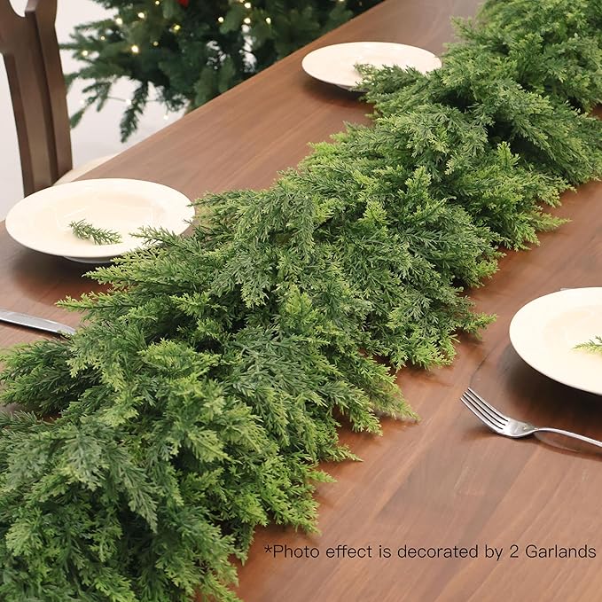 12FT Christmas Cedar Garland Artificial Realistic Green Faux Real Touch Winter Pine Garland for Mantle Fireplace Wall Table Indoor Outdoor Decoraiton