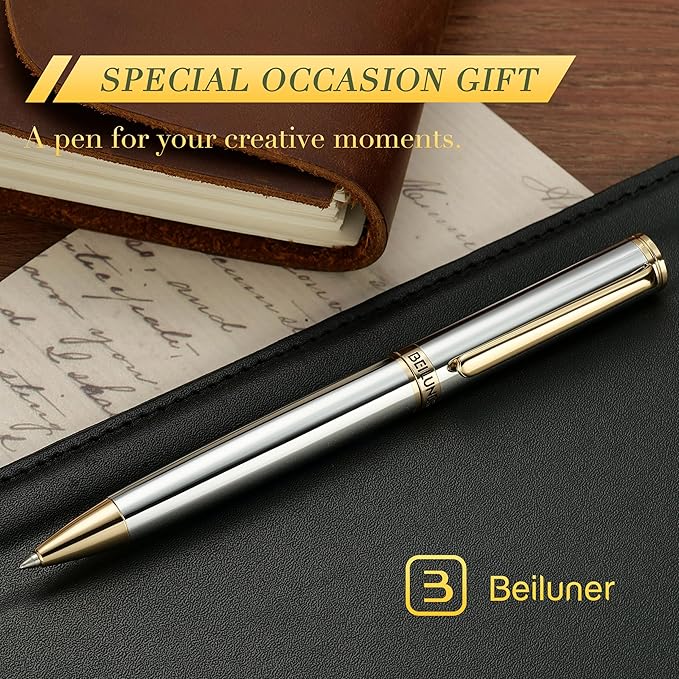 BEILUNER Silver Gold Gel Pen - Luxury Featuring sophisticated chrome finishes, with 24K Gold Accents, Best Pen Gift Set for Men & Women, Business Signature, Executive, Office Retractable Pens