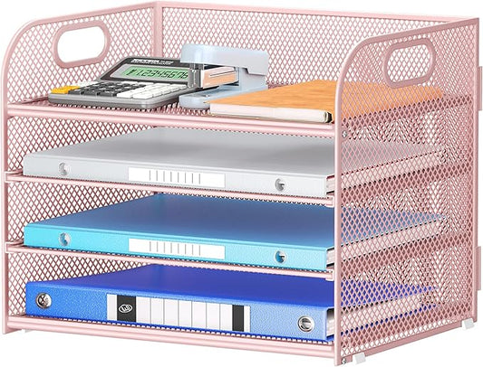 4-Tier Paper Organizer for Desk With Handle, Mesh Desktop File Tray, Office Classroom Organization and Storage - Pink