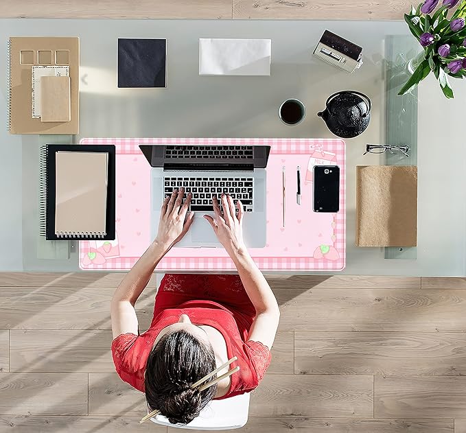Cute Pink Plaid Desk Mats Strawberry Milk Gaming Desk Pad, Kawaii Extended Mouse Pad Kawaii Large Keyboard Mats XXL, Laptop Mat for Desk, Desktop Mat Mousepad Office Decor for Women 31.5"x15.75"