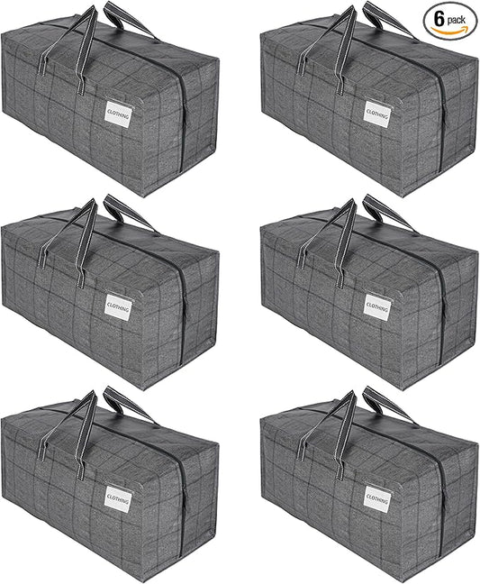 VENO 6 Pack Moving Bags w/Backpack Straps, Heavy Duty, Moving Boxes Alternative, Packing Supplies, Large Storage Totes for Dorm Room Essentials with Zipper for Clothes (Windowpane, 6 Pack)