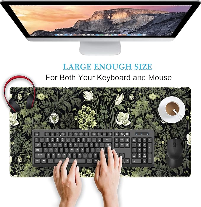 Dark Green Floral Plants XXL Gaming Mousepad & Desk Pad - Nature Leaf Flower Laptop Keyboard Mat 31.5 x 15.75