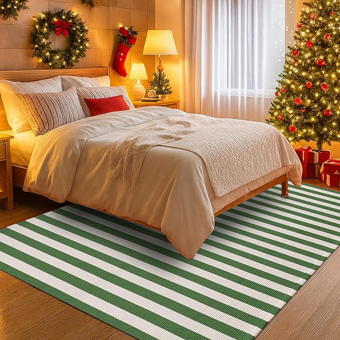 Christmas Green & White Striped Rug - 4' x 6' Outdoor Front Door Decor Mat Cotton Washable Hand-Woven Rug Christmas New Year Holiday Porch Entryway Layered Doormat