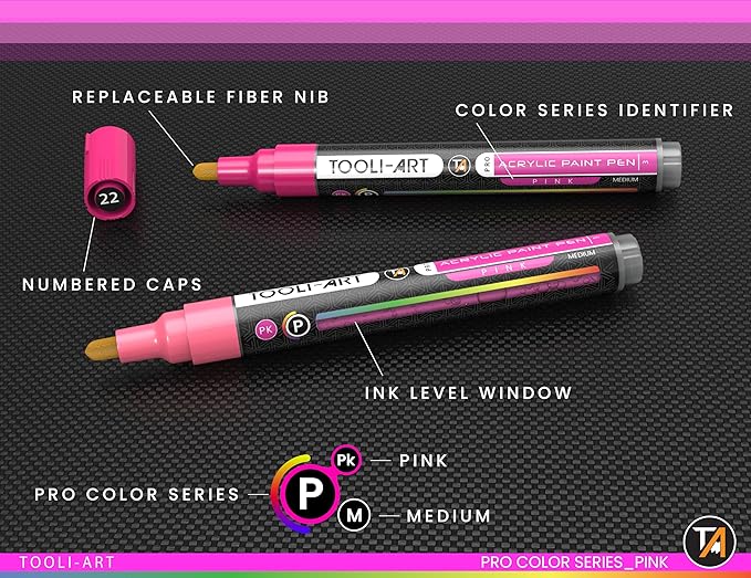 TOOLI-ART 22 Acrylic Paint Markers Paint Pens Pro Color Series Set 3mm Medium Tip for Rock Painting, Glass, Mugs, Wood, Metal, Glass Paint, Canvas, DIY. Non Toxic, Waterbased, Quick Drying (PINK)