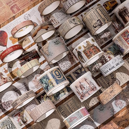 24 Rolls Vintage Washi Tape Set, Antique Car Buildings Map Stamp Stripe Writable Aesthetic Washy Decorative Tapes for Scrapbooking, Junk Journal Supplies, Bullet Journaling 5-75mm Wide (3m Long)/Roll