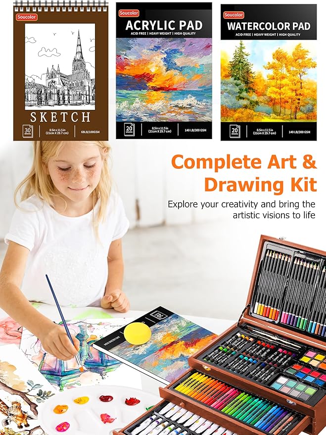 Soucolor Arts and Crafts for Kids Ages 8-12, 192-Pack Deluxe Art Set Coloring Drawing Painting Supplies Art Kit with Acrylic Pad, Watercolor Pad, Sketch Book, Canvases, Acrylic Paint, Crayons, Pencils